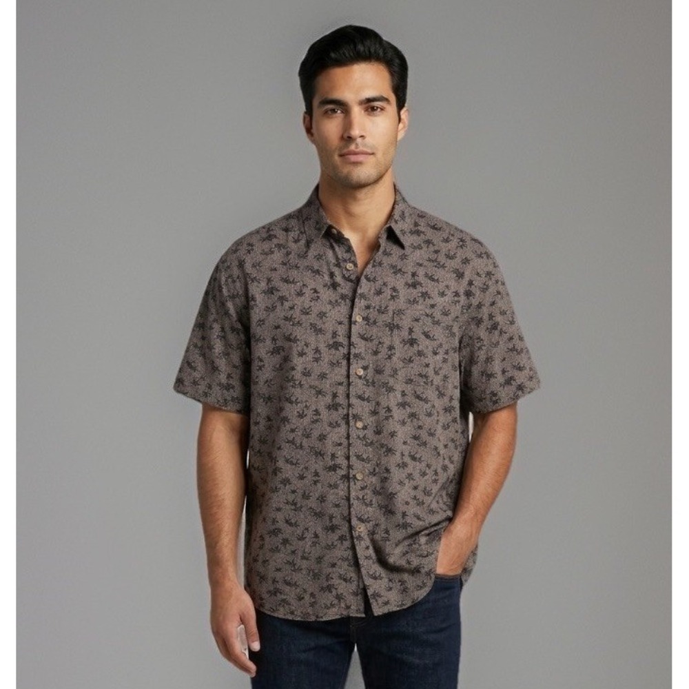 M.E. Sport Men's Large Brown Hawaiian Shirt Short Sleeve Marijuana Leaf